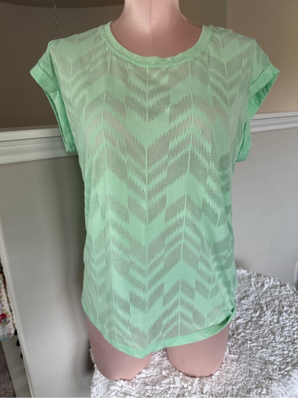 Express Mint Green Short Sleeve Sheer Chevron Tee